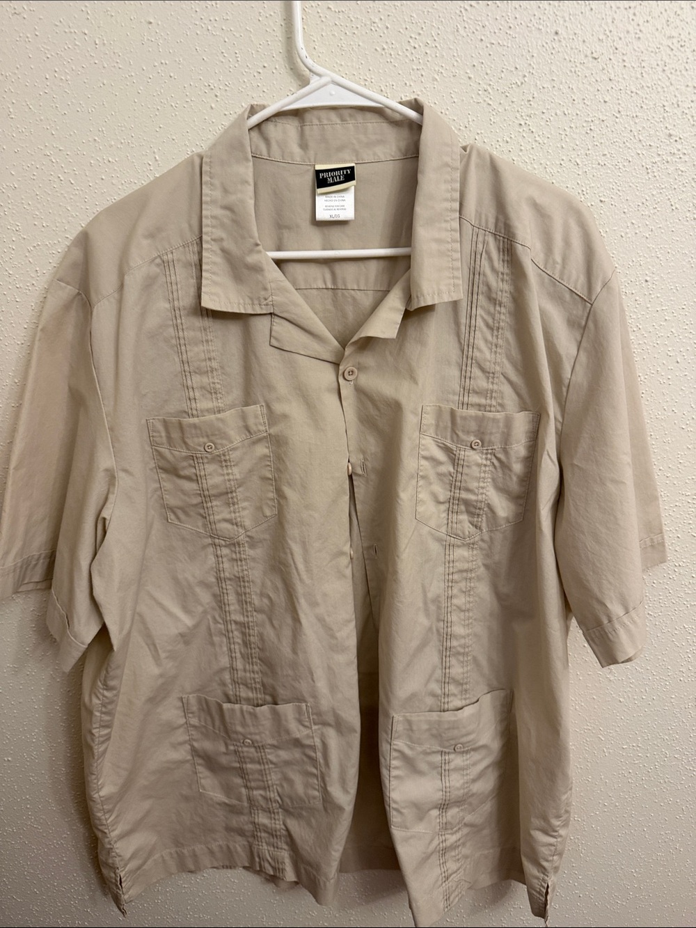 Men's Beige Short-Sleeve Priority MaleGuayabera Shirt XL